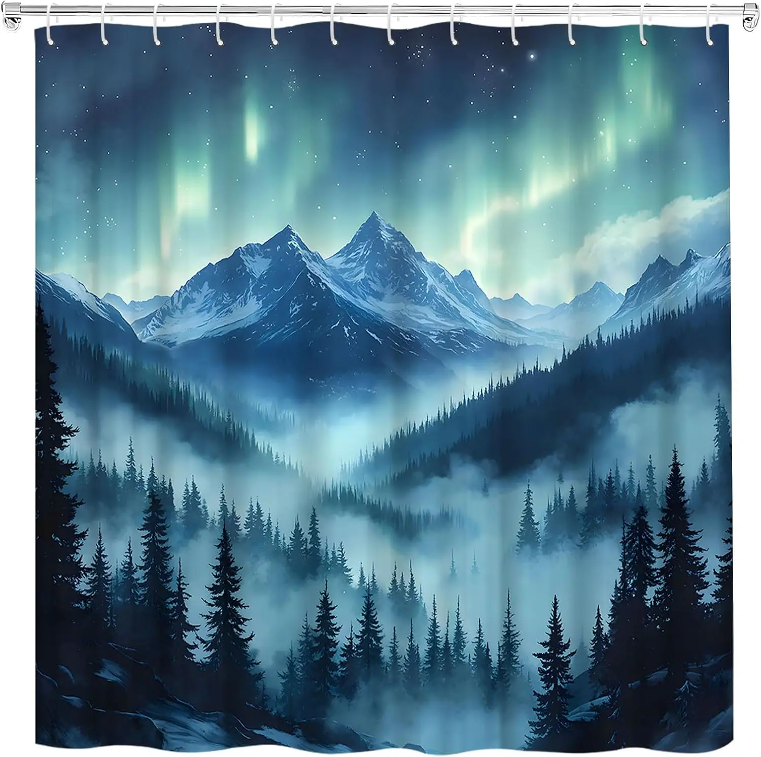 Premium Waterproof Polyester Shower Curtain Northern Lights Aurora Borealis Mountain Landscape Forest Mist Bathroom Decoration