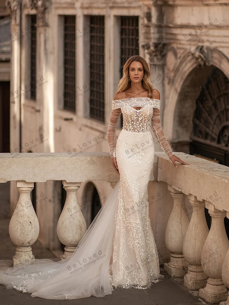 魅力的なウェディングドレスゴージャスなブライダルドレスレースアップリケオフショルダーローブ高級 Vestidos デノビアカスタマイズ 2025