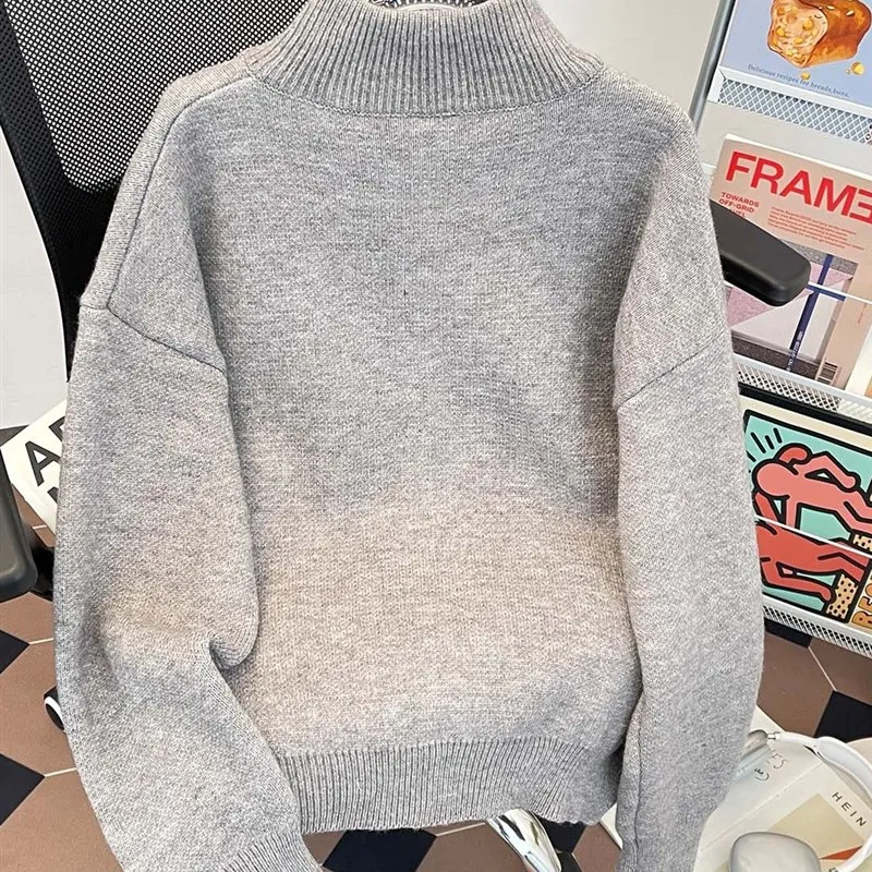 

Autumn Winter Men's Open Cardigan Sweater Zipper f High Collar Loose Warm Outerwear Knitted Geometric Patterned Casual Wear