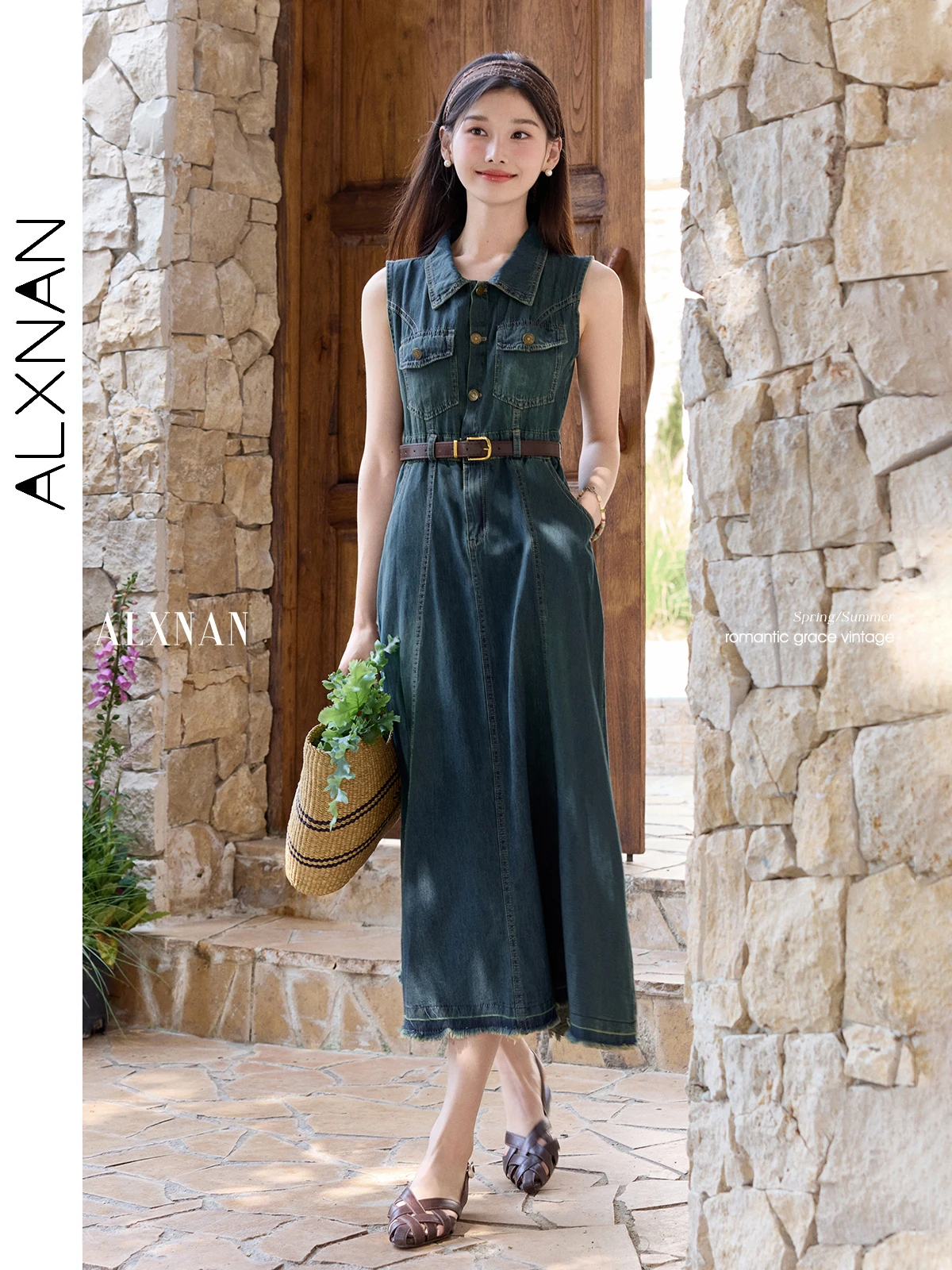 

ALXNAN Womens Denim Dress 2025 Summer Long A-line Elegant Dress Office Denim Blue Cotton Sleeveless Lapel Ladies Clothing L53998