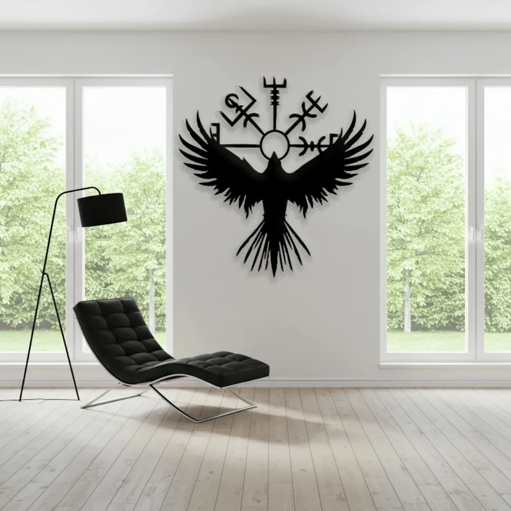 Fierce Raven Viking Metal Sign, Norse Vegvisir Compass, Nordic Wall Decor for Game Room