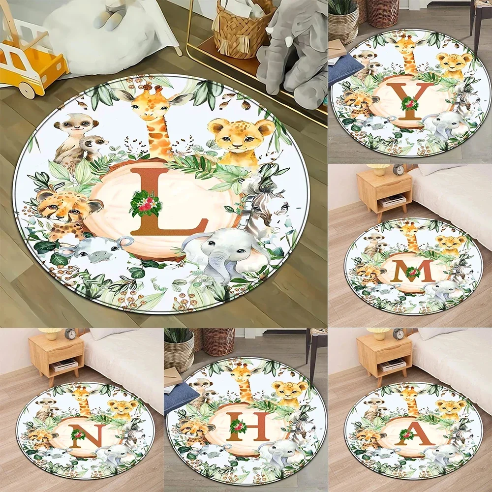 Tropical Jungle Animal Letter Round Carpet Cartoon Rug for Children's Room Dorm Living Room Sofa Seat Decor Non-Slip Floor Mat