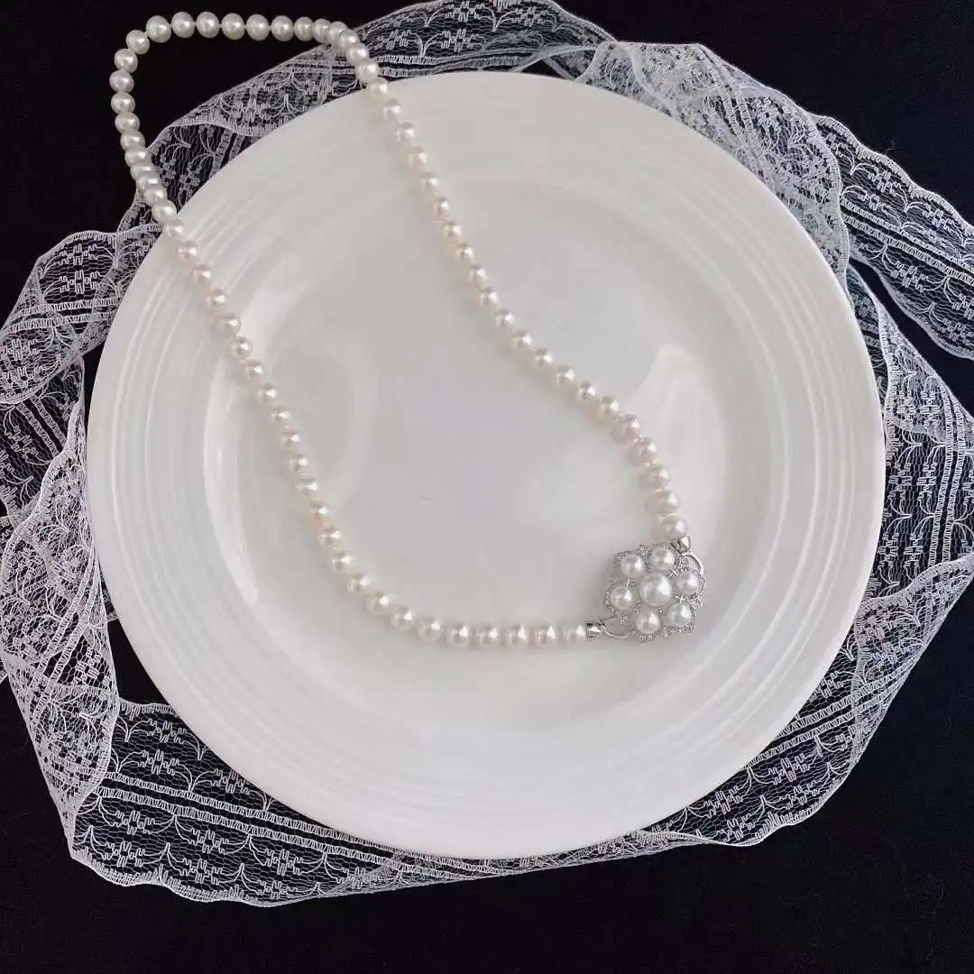 N Pearl Necklace Is 55CM7-8MM Long Natural Freshwater Pearl Brooch Necklace with Three Wearing Women's Bauhinia Brooch Necklace