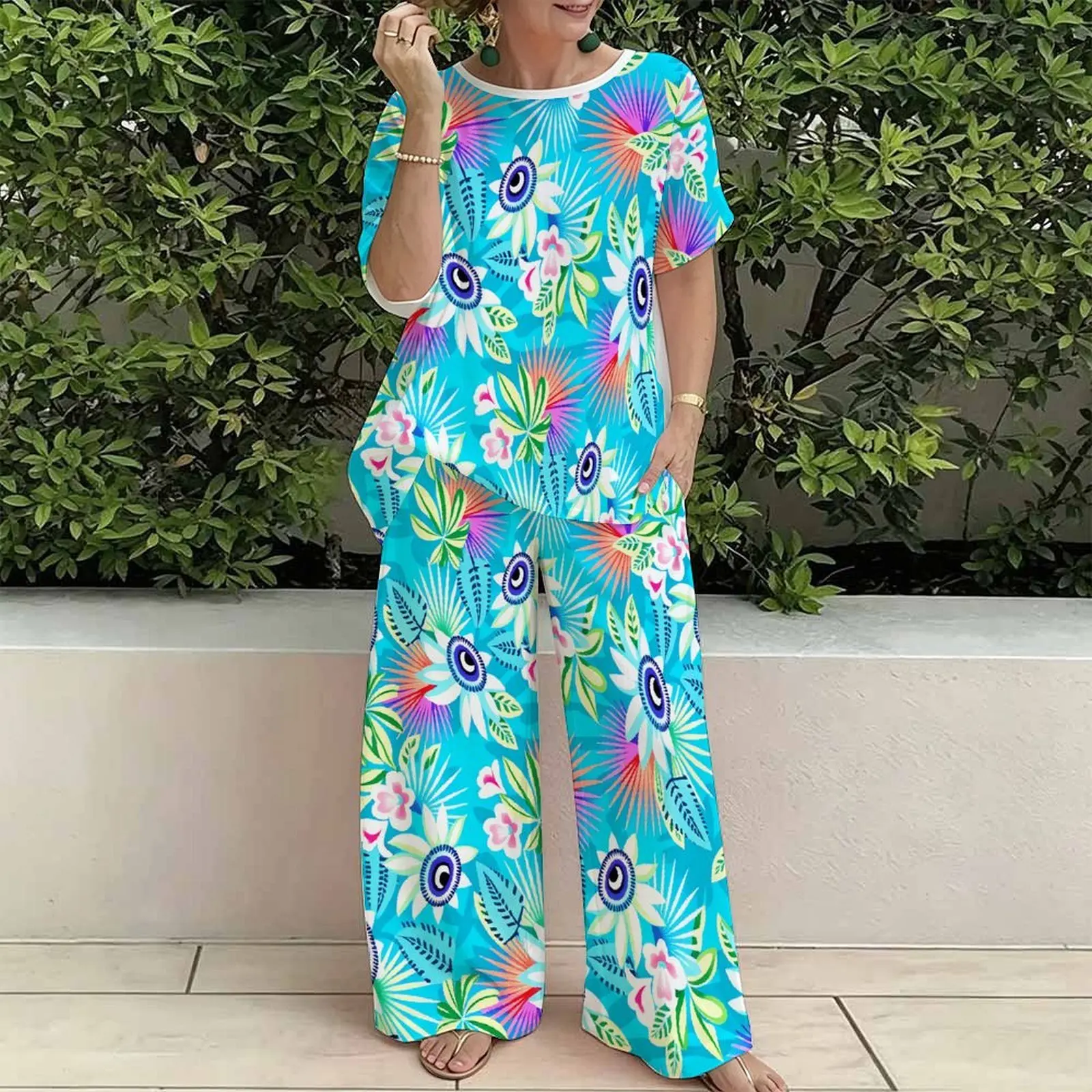 Plus Size Women Casual Print Two Piece Set Round Neck Everyday Commuting Clothes Beach Vacation Sweatpants