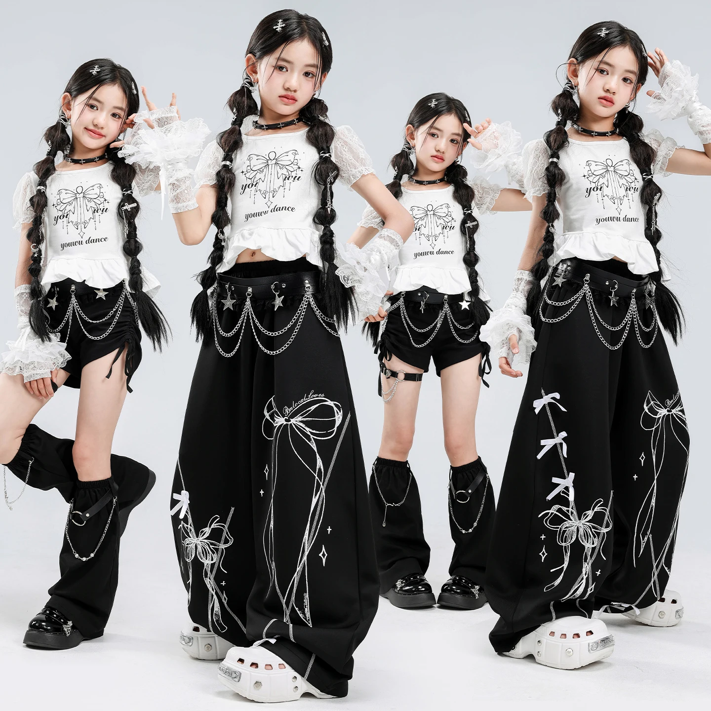 

Girls Y2K Streetwear Dance Outfits White Ruffled Crop Top + Black Chain Skirt Shorts for Kids Teenage Jazz Hip Hop Performance