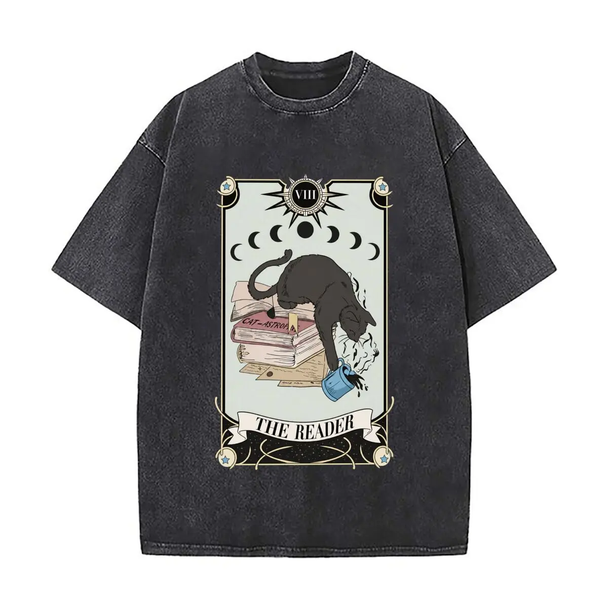 VIII The Reader Cat Astrophe Tarot Black Cat Books Moon Phases Vintage Distressed Loose Streetwear Tops for Campus Days