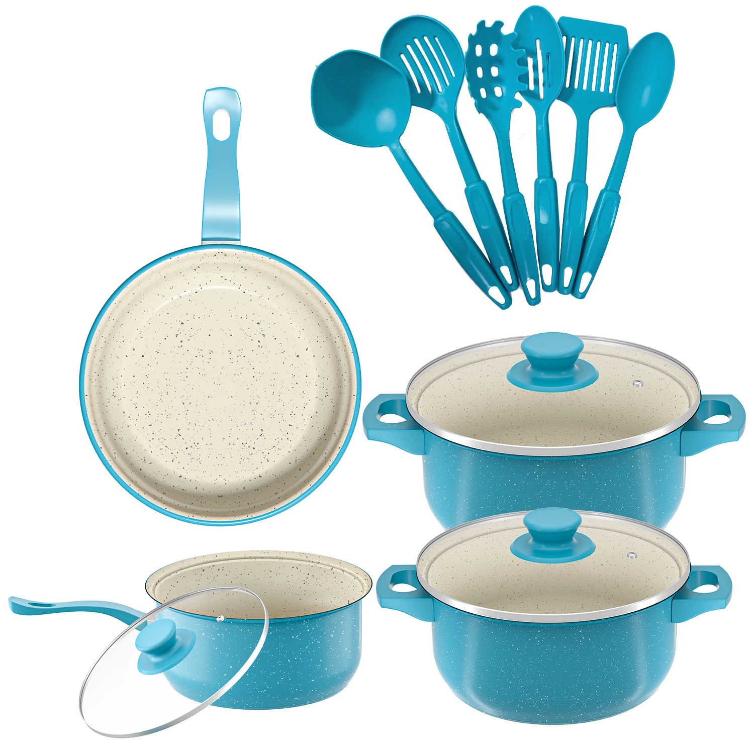 Juego de utensilios de cocina antiadherentes de lujo de 13 piezas, sartén, plato de cazuela, wok, sartén, juego versátil, elegante, duradero para exteriores