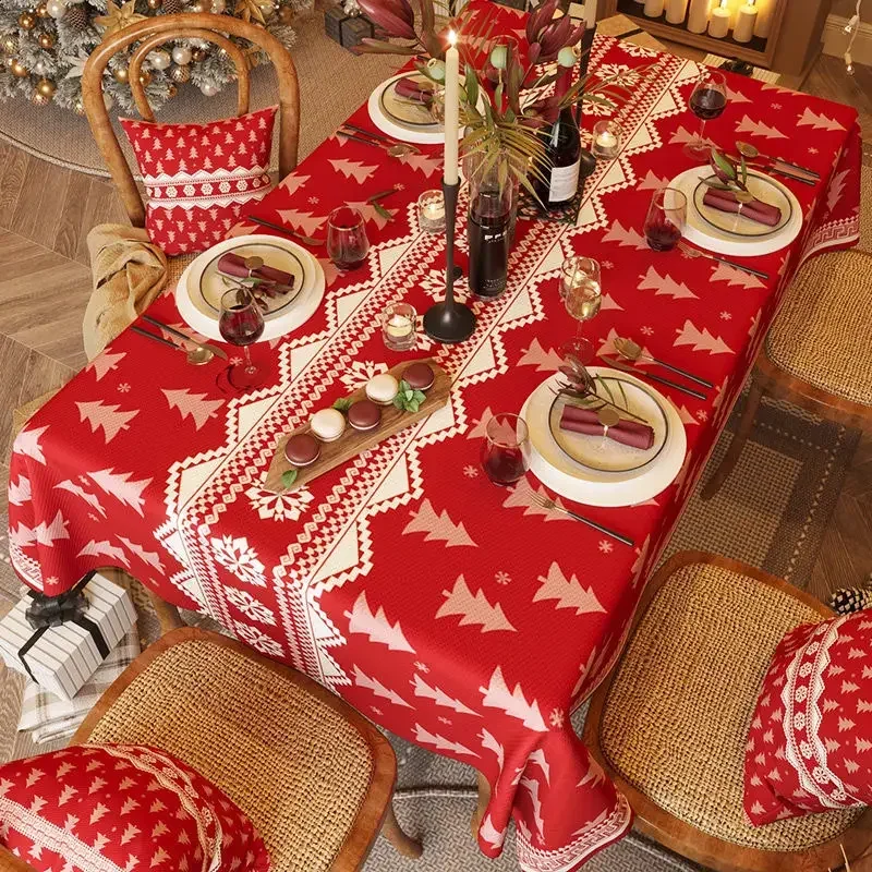 Red New Year Tablecloth, Waterproof, Luxury, Light, Rectangular, Coffee Table Decor, Festive Christmas