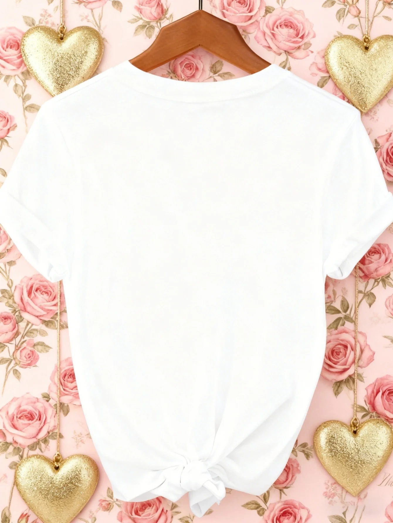 Watercolor Floral Letter Round Neck Short Sleeve Tropical Large Flower Hand-Painted English Print White Fit Casual Women's Wear