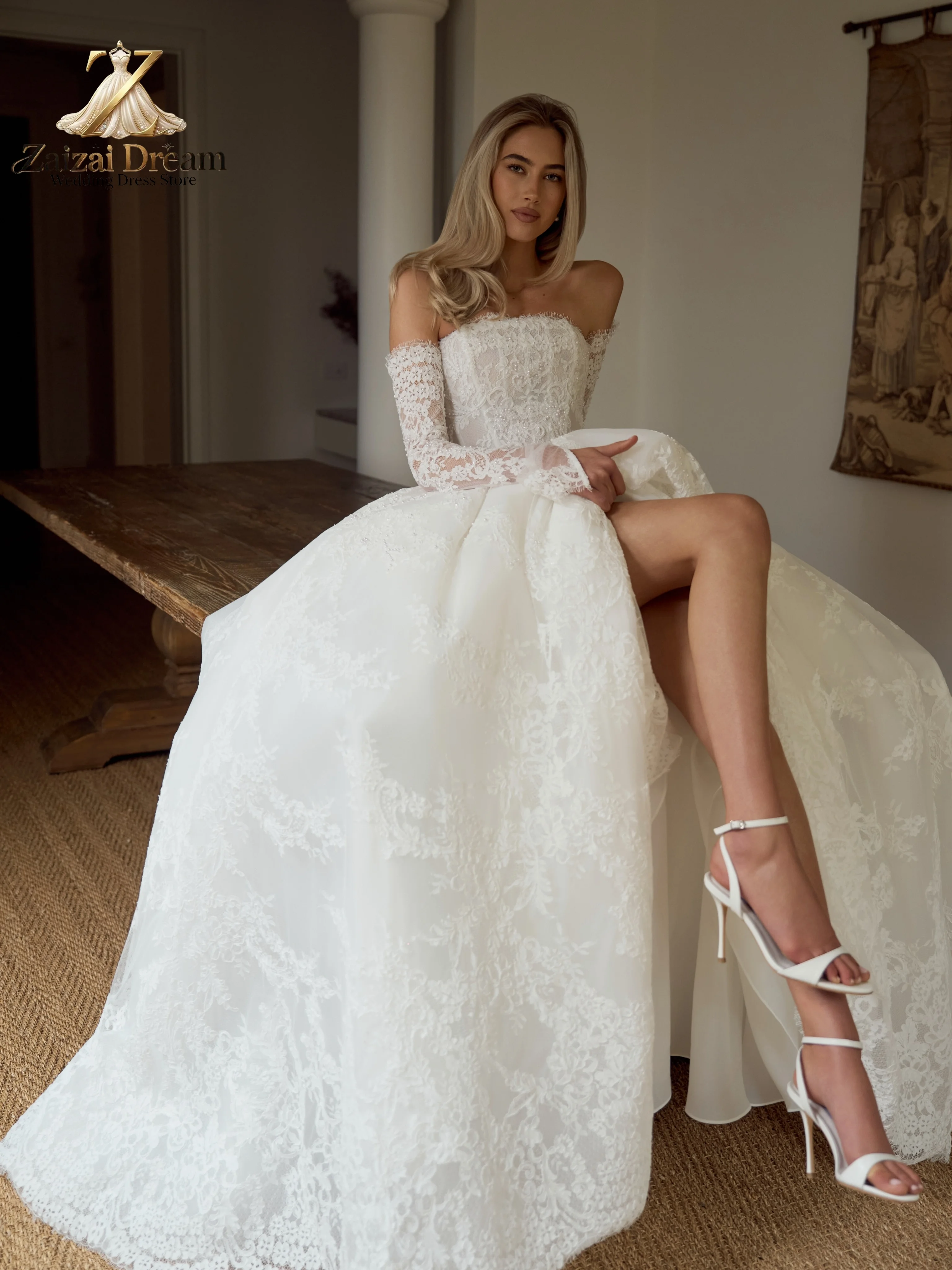 Customized Luxury Lace  Wedding Dress Off Shoulder Long Sleeves Basque Waist Ball Gown Bridal Dress with Train Vestido De Novia