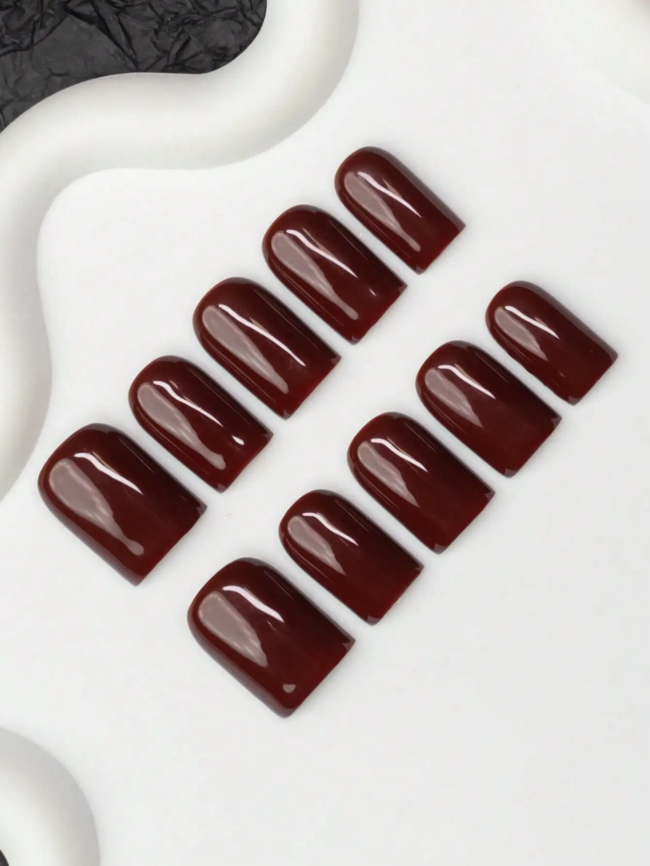 10pcs Y2K Handmade Square Nail Tips, Deep Red Solid Color Design, Suitable For Women And Girls, Suitable For Party, Dance, Daily