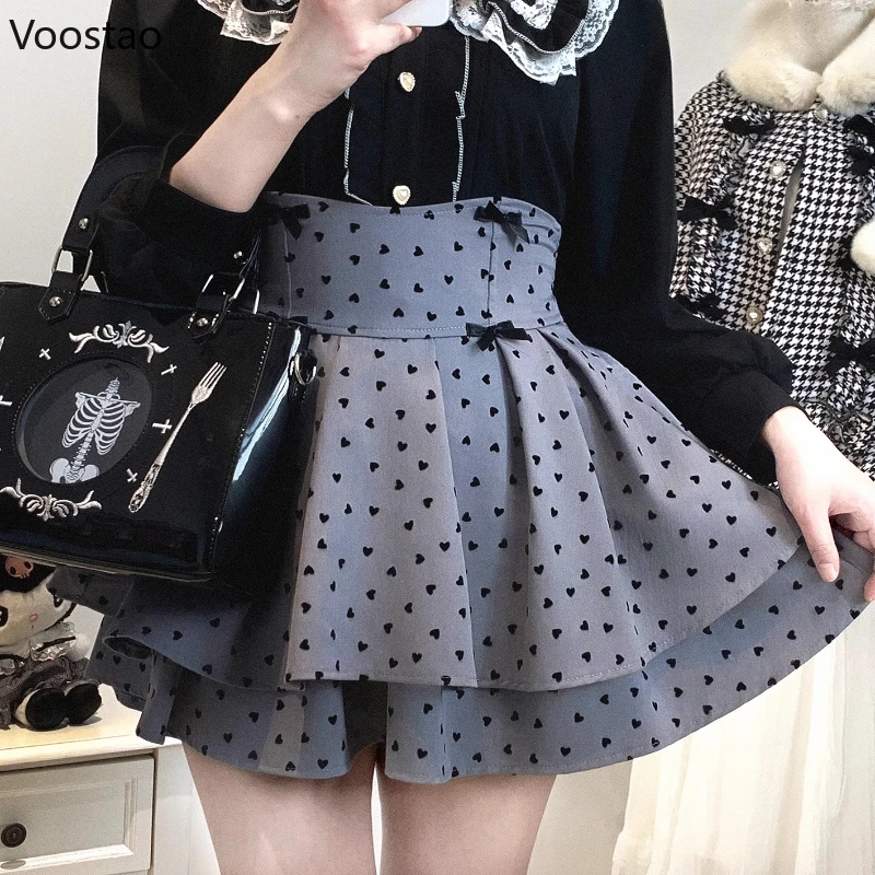 

Японская милая юбка в стиле Лолиты в стиле каваи, женская юбка-торт в стиле Харадзюку с принтом в форме сердца, повседневная короткая юбка для девочек Y2k, вечерние