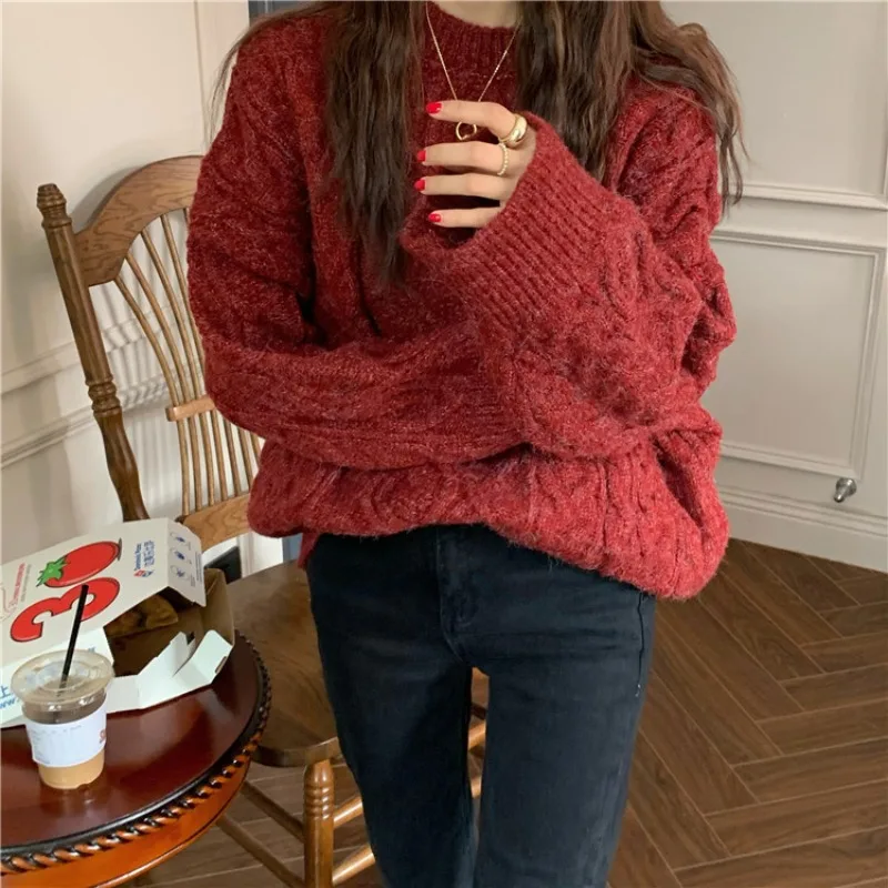 Korean-style Sweaters Winter Loose Outerwear Women Crew Neck knit Pullover Sweater Female Autumn Vintage Red Thickened Knitwear