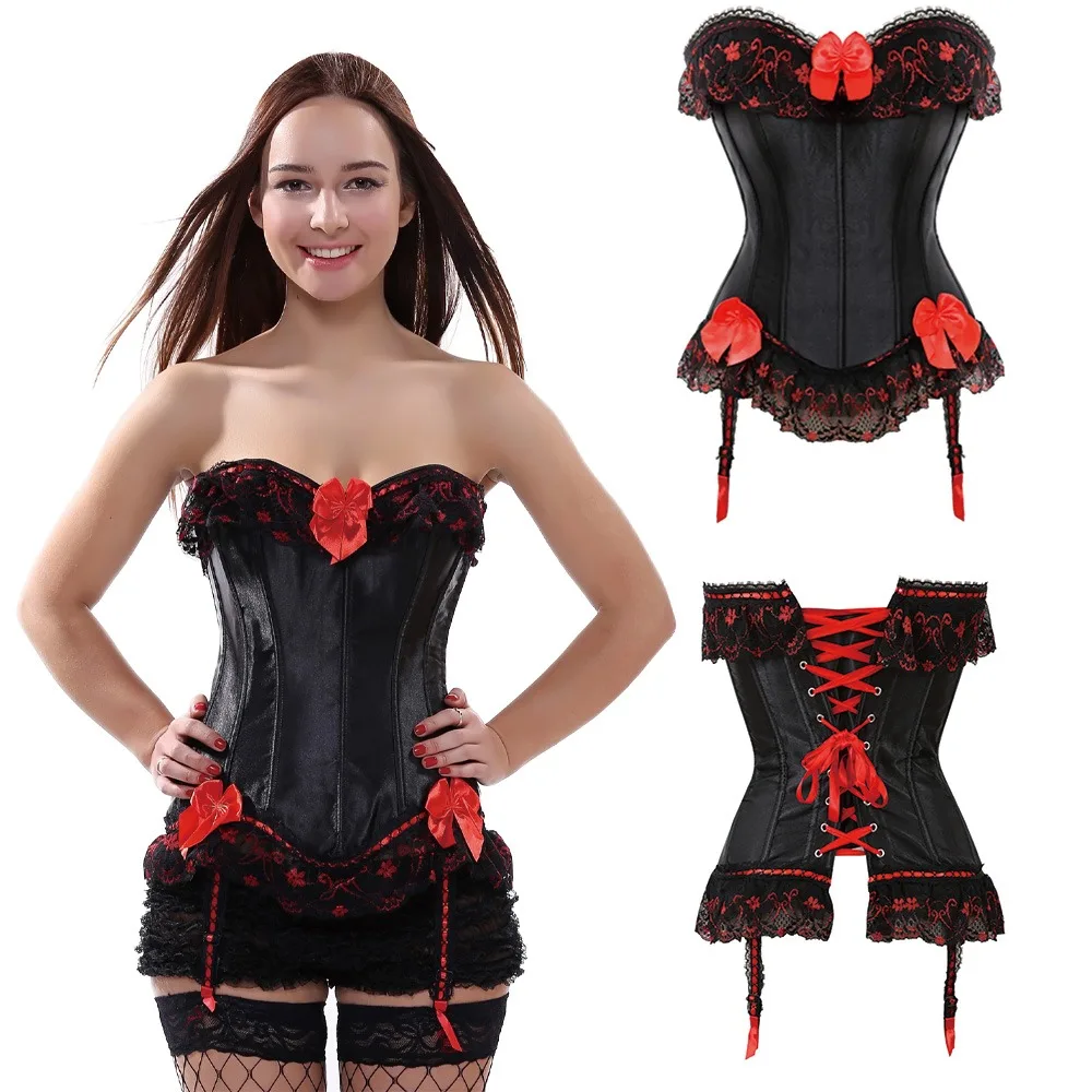 Women Slimming Body Lace Corset Top Bowknot Overbust Corsets Plus Size Black Garters Shaper Corselete Gothic Bustier