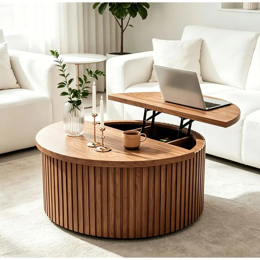 Round Walnut Coffee Table with Storage, 34.6 Diameter, Living Room Centerpiece with Hidden Compartment
