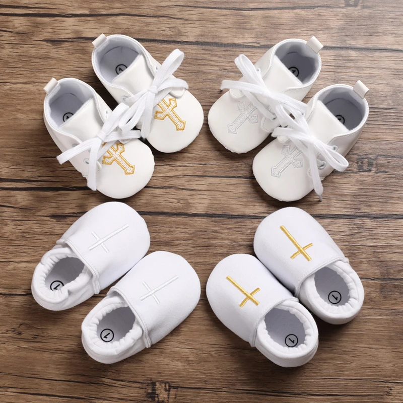 

Newborn Baby White Baptismal Shoes Soft Comfortable Gold White Cross Design for Young Children Men's First Walking Footwear