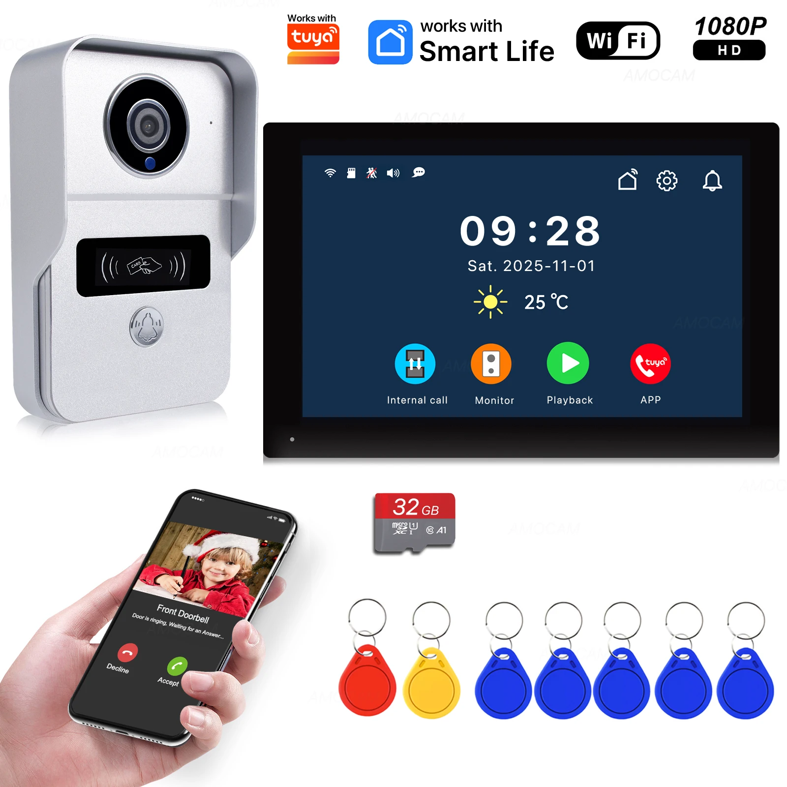 Système de sonnette vidéo Wifi sans fil, caméra de porte d'interphone 1080P, écran tactile de 7 pouces, interphone vidéo carte 32GB pour la maison 4 fils