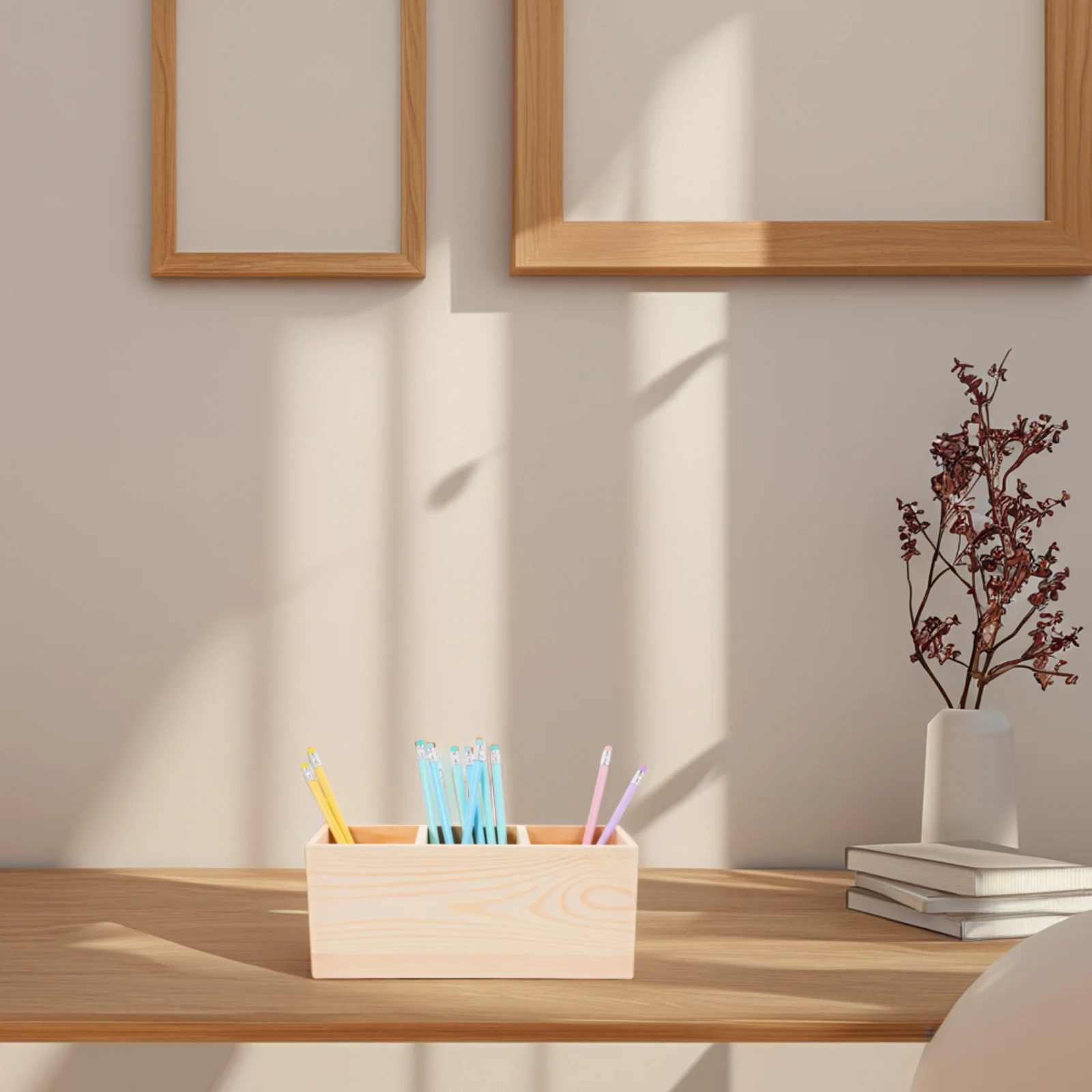 

Wood Desk Organizer 3 Compartments Wooden Pencil Holder Rustic Makeup Brush Remote Control Desktop Storage Box