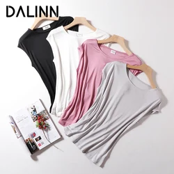 Woman Casual T Shirts Basic Real Silk Blend Round Neck Cap Sleeves Cozy Tee 2023 Spring Summer New Chic Top Blue White DALINN