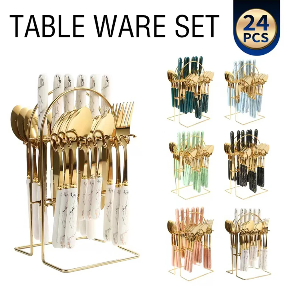 24 Pcs/Set Stainless Steel Tableware Light Luxury Style Marble Ceramic Handle Main Dinner Knife Fork Spoon Teaspoon Gift Set