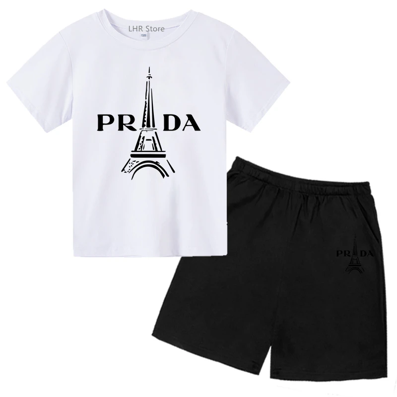 

Fashion brands Children's T-shirt Sets Round Neck Short Sleeve Print Pattern Boys and Girls Cotton Summer tops Eiffel tower