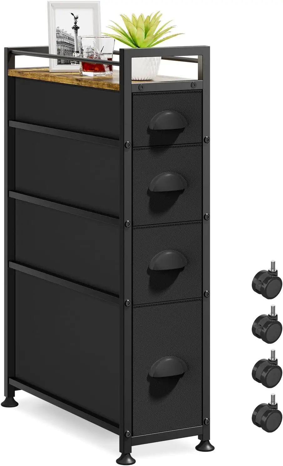 

Тонкий комод с 4 ящиками на колесиках, идеально подходит для небольших помещений, легкий мобильный комод черного цвета