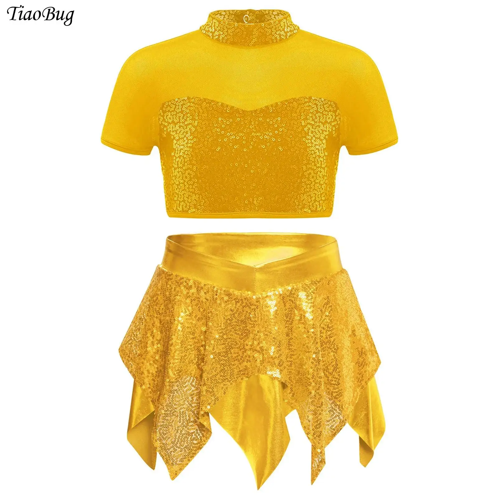 

Kids Girls Jazz Latin Dance Outfit Cheerleading Uniform Short Sleeve Cutout Back Shiny Sequins Crop Top+Asymmetrical Skirt 2Pcs