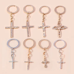Fashion Cross Keychain for Women Men Gold Color Dazzling Crystal Religious Jesus Crucifix Key Rings Chain Christian Jewelry