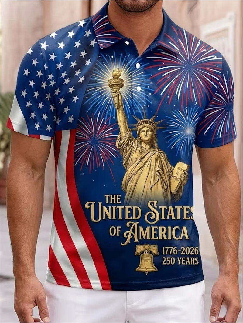 Herren Damen USA 250 Freiheitsstatue Print Paar-Poloshirt Amerikanische Flagge Patriotische Freizeit-Sportbekleidung für den Unabhängigkeitstag Polo – Detail 8