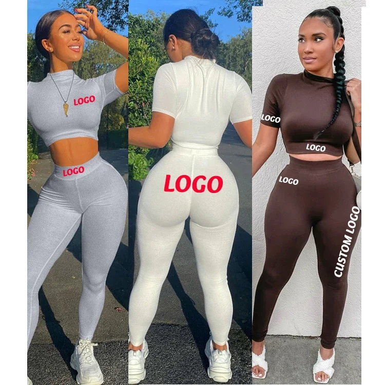 Custom Women Clothing ladies suit Two Piece Fitted Pants and crop Set Short Sleeve Skinny Crop Top Jogger Sweatpants Set Women