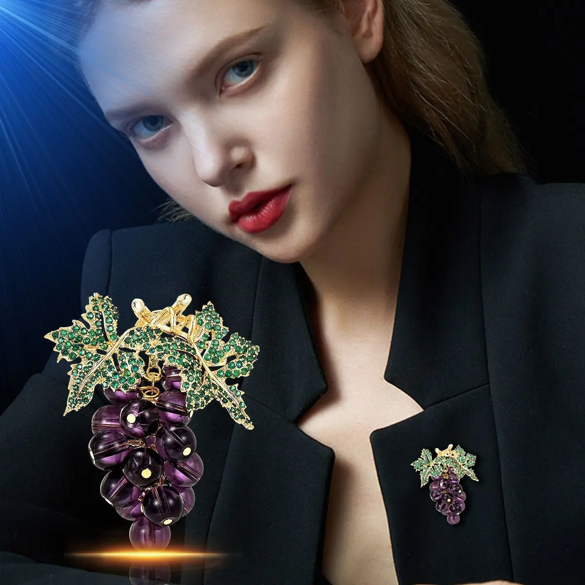 Trendy Enamel Rhinestone Purple Grape Brooches For Women Retro Crystal Glass Fruits Plant Brooch Pins Elegant Office Party Gifts