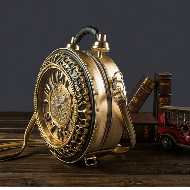 Nesitu Circular Personality Real Clock PU Leather Women Shoulder Messenger Bag Vintage Handbag Tablet Phone Purse Lady M2020