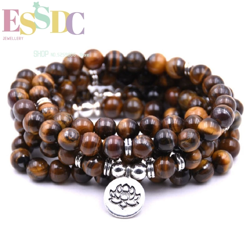 

Hot Sale 8mm Natural Tiger Eye Stone 108 Mala Beads Bracelet or Necklace Energy Yoga Mediation For Female Or Male Jewelry