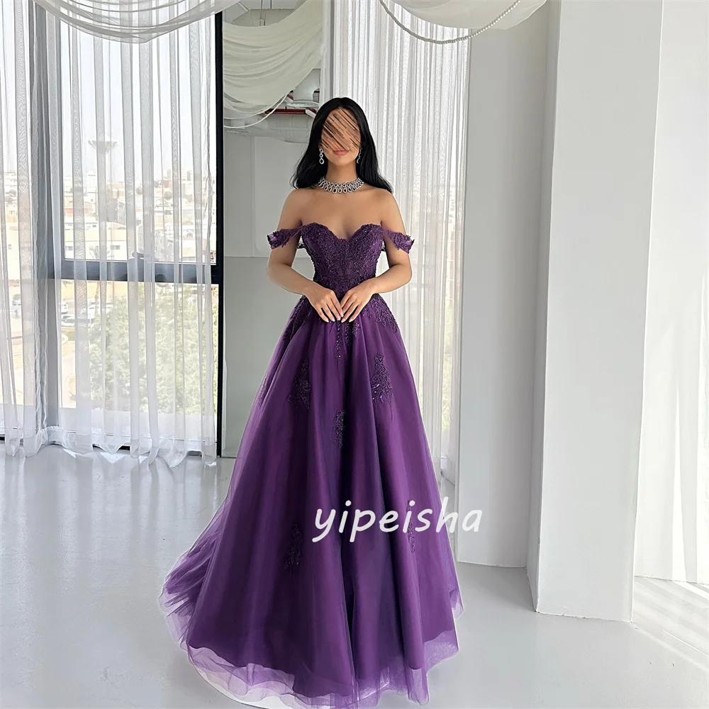 Индивидуальные высококачественные одинаковые тюлевые аппликации с бисером, длинные платья трапециевидной формы с открытыми плечами, модные платья на заказ