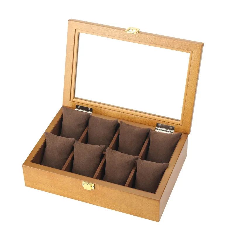 Customized LOGO Retro Wooden Glass Skylight Display Watch Box Elegant Eight Grid Watch & Jewelry Bracelet Storage Box Gift OEM