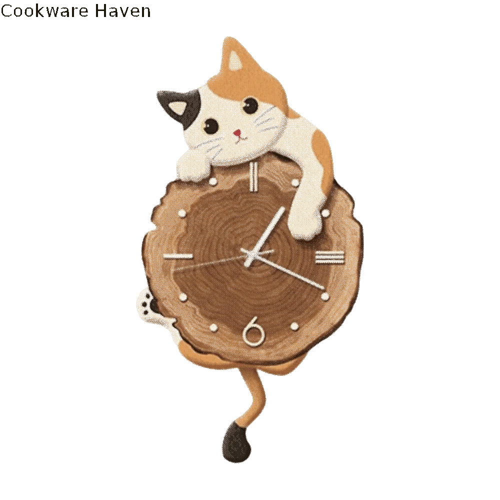 Cartoon Design Cute Cat Wall Clock Silent Feature Tail Swing Wall Mounted Clock Home Decoration Cat Hanging Clock Office