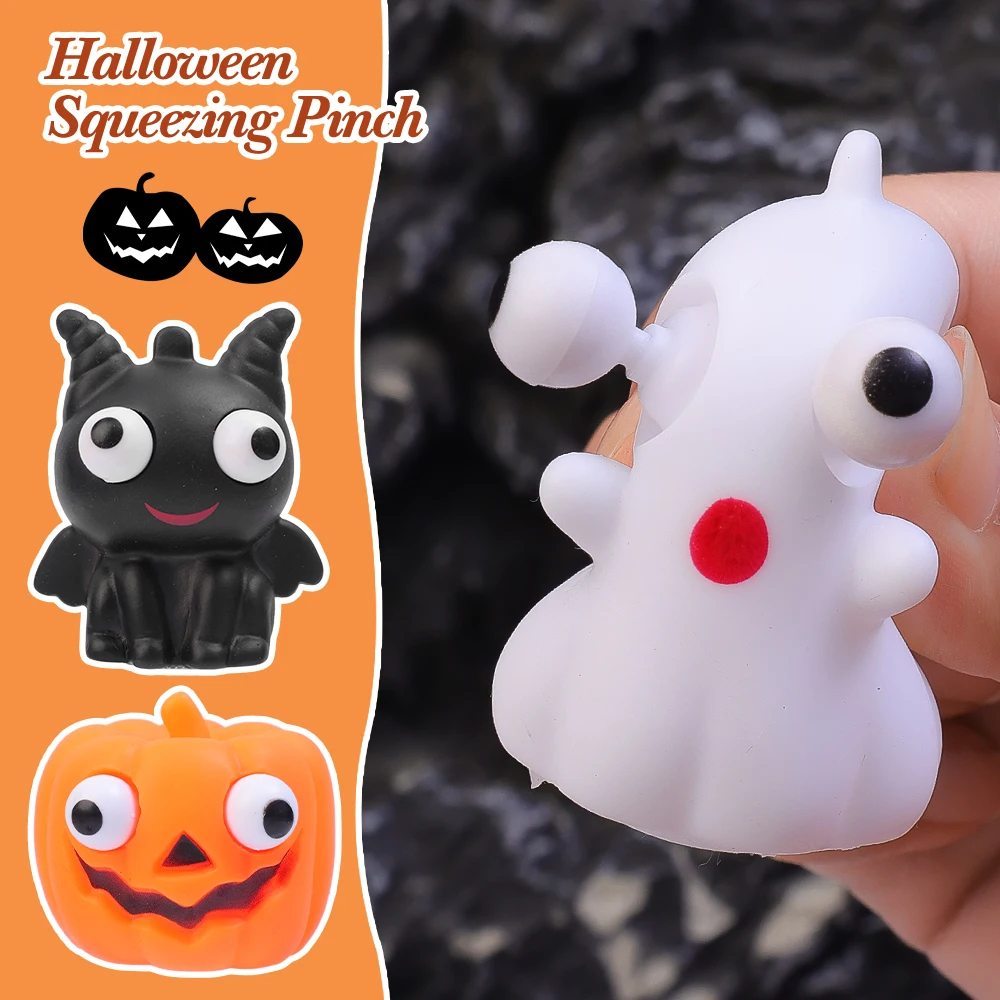 5Pcs Children Halloween Squeezing Pinching Toys Pumpkin Ghost Skull Pressing Glaring Vent Props Finger Sensory Decompression Toy