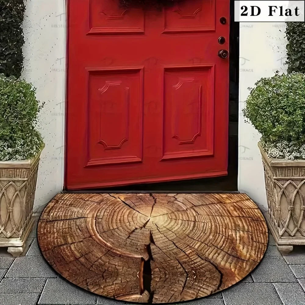 VIKAMA Vintage Wood Grain Semi-Circle Welcome Door Mat Non-Slip Wear-Resistant Entrance Porch Mat Patio Carpet Home Decoration