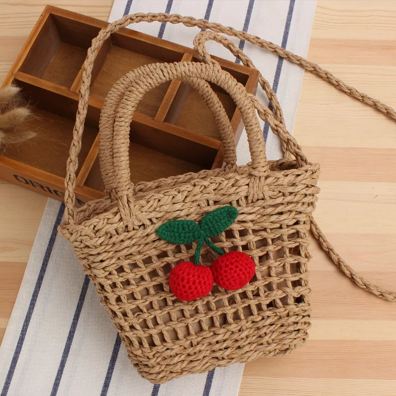 New Cherry Grass Woven Bag Cute Beach Resort Beach Bag Single Shoulder Diagonal Straddle Small Fresh Woven Bag