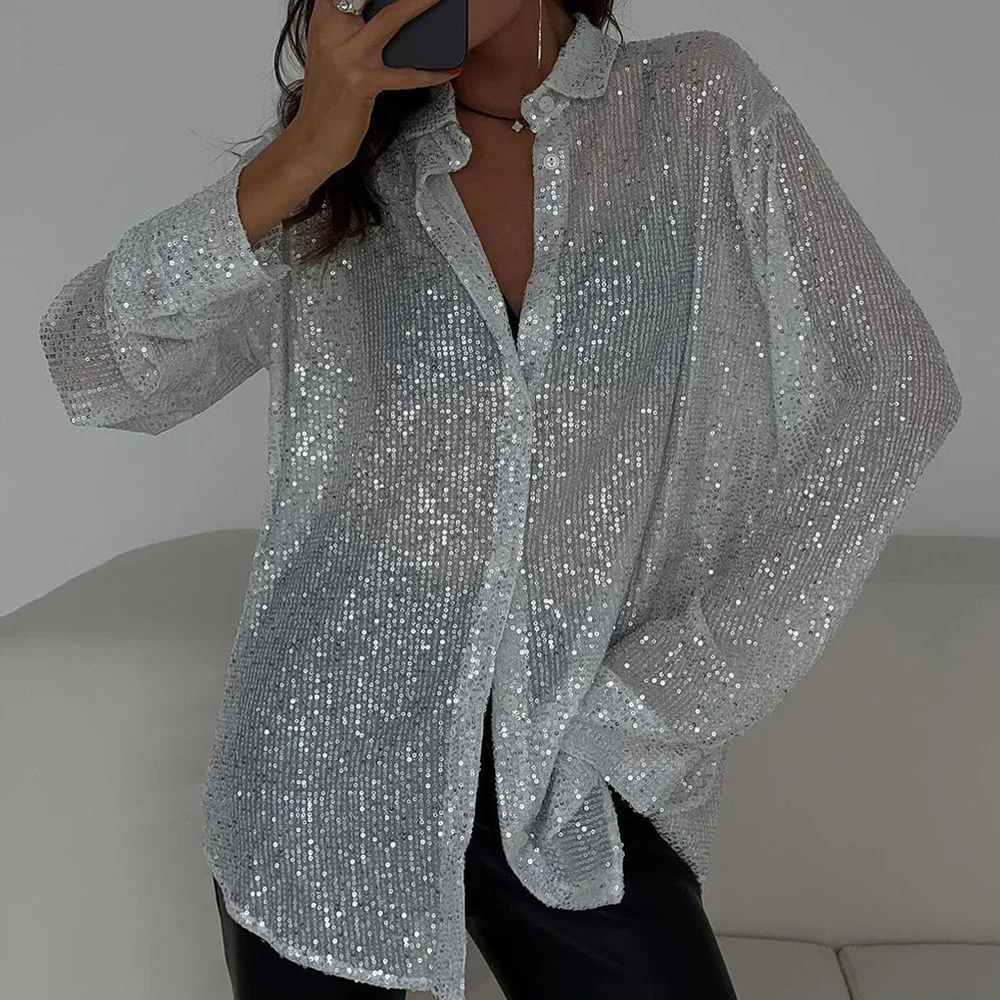 

Women's Glossy Party Shirts & Blouses Single Breasted Long Sleeve Button Collar Streetwear All-Season Shiny Tops