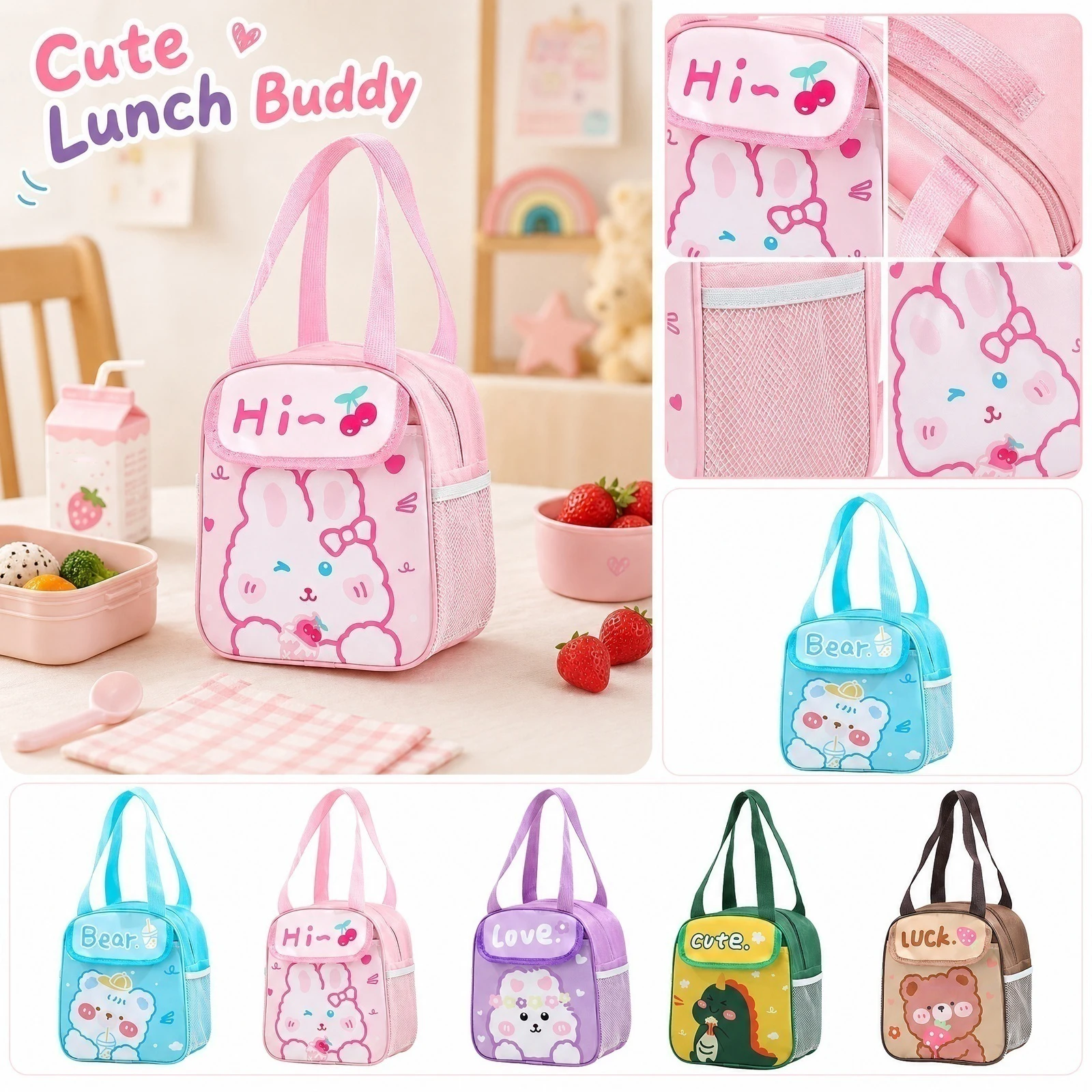 Cartoon Pattern Flip-Top Lunch Bag Insulated Lunch Tote Bag Children’s Handle Portable Bento Bags for School and Outdoor Picnic