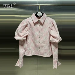 VGH Colorblock Patchwork Embroidery Loose Shirt For Women Lapel Long Sleeve Spliced Button Temperament Blouse Female Fashion New