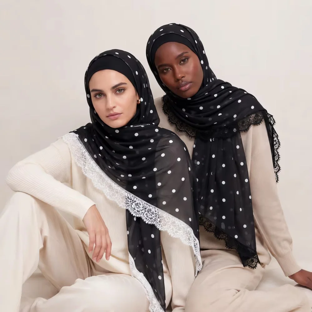 Women Chiffon Polka Dot Hijab Scarf with Floral Lace Trim Lightweight Breathable Headscarf Shawl for Daily Wear