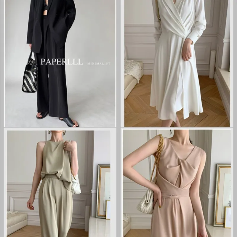 Thin Solid Color Girdear Anti-Wrinkle Filament Fabric Suit Fashion Dress Wide Leg Pants Stretch Draping