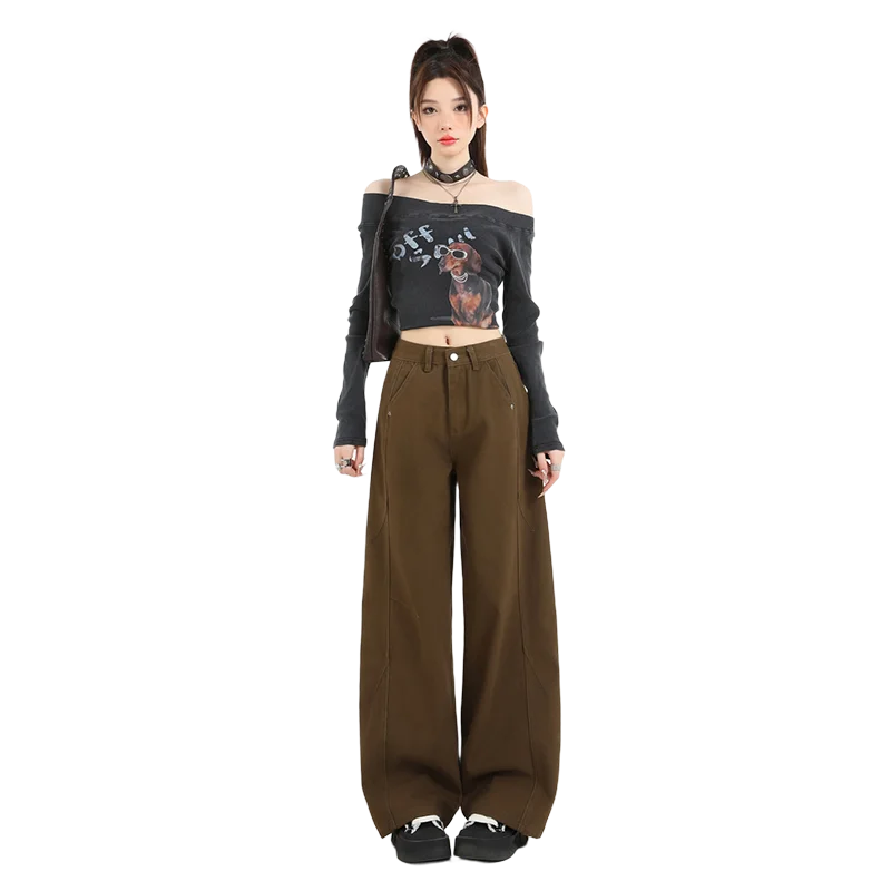 Vintage lichtbruine jeans voor dames 2026 hiphopstijl lente herfst nieuwe casual losse rechte pijpen gewassen wijde pijpen broek Y2K