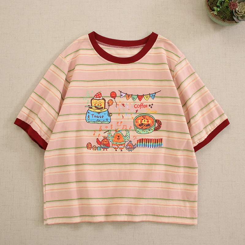 Summer Aesthetic Cartoon Print Striped Vintage Cotton T-shirts Women Mori Girl Y2K O-Neck Short Sleeve Casual Loose T Shirt Tops
