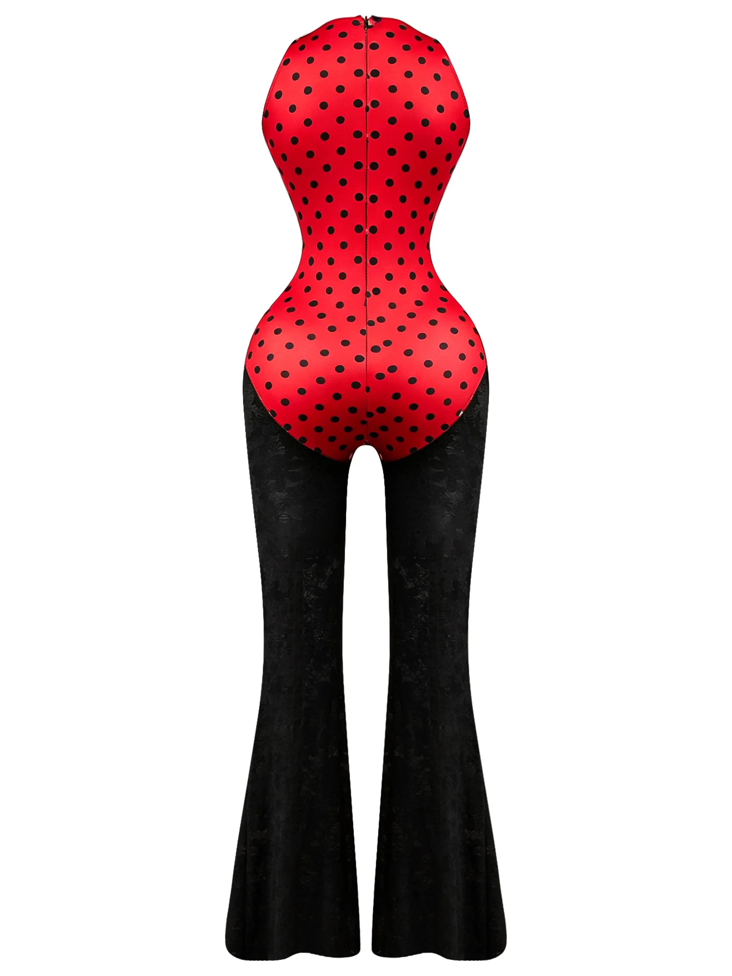 Women V-neck Sleeveless Cutout Polka Dot Lace Patchwork Bodysuit Jumpsuit with Back Zipper for Club Vacation Party