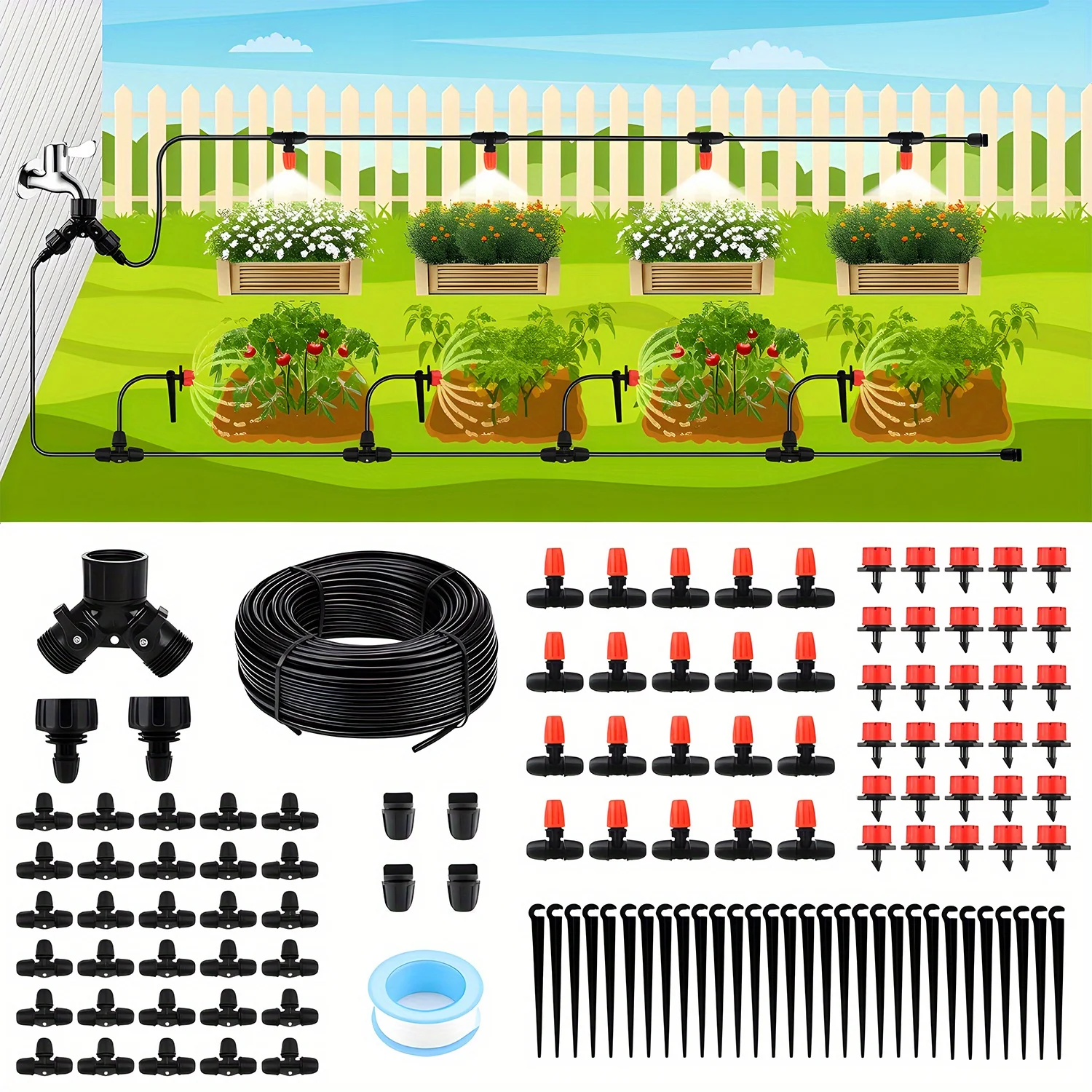 

Locked-Connect Drip Irrigation Kit,98ft Garden Drip Irrigation System,Automatic Micro Watering System with 4/7 inch Tubing Hose