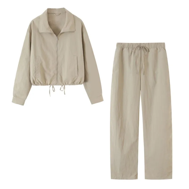 Women's Mid-Waist Pants Set 2 Piece New 2026 High-Neck Long Sleeve Jacket Technical Fabric Trousers With Elastic Female Outfit