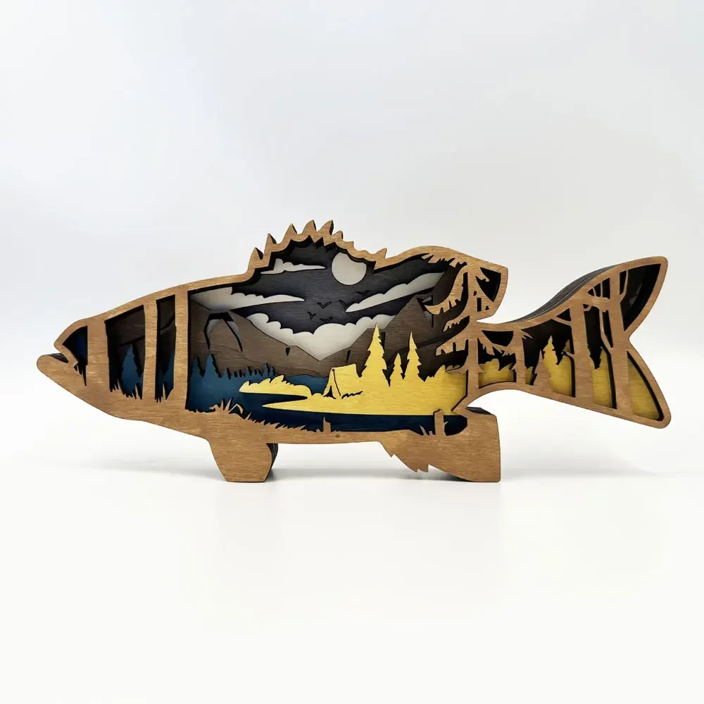 Wooden Fish Pendant Multi-layer Carved Fish Ornaments 3D Shark Salmon Crafts Home Bedroom Desk Decoration Children's Gifts